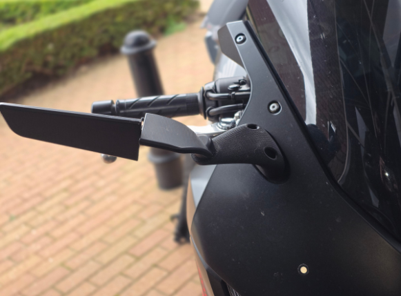 3D printed bespoke mirror mount fitted to motorbike